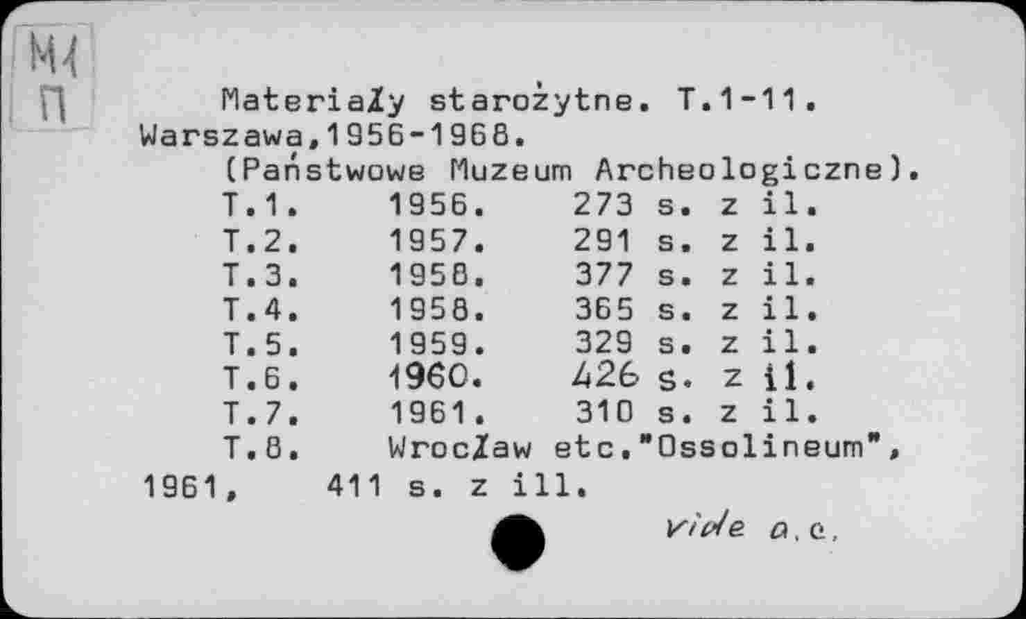 ﻿MateriaZy starozytne. T.1-11. Warszawa,1956-1968.
(Panstwowe Muzeum Archeologiczne)
T.1.	1956.	273	s.	z	il.
T.2.	1957.	291	s.	z	il.
T.3.	1958.	377	s.	z	il.
T.4.	1958.	365	s.	z	il.
T.5.	1959.	329	s.	z	il.
T.6.	1960.	426	s.	z	il.
T.7.	1961 .	310	s.	z	il.
T.8.	Wroclaw	etc, "	Ossolineum",		
1961,	411 s. z ill.
vip/e a.o.,